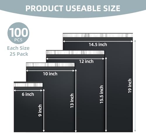 Famagic 100 Pack Black Poly Mailers Variety Pack, 6x9&10x13&12x15.5&14.5x19 - Image 2