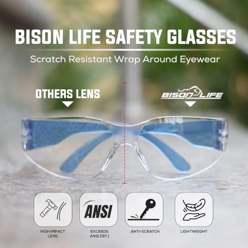 BISON LIFE Clear/Blue Safety Glasses for Men & Women, ANSI Z87.1, 6 Pack - Image 2