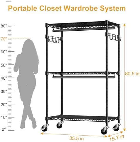 ULIFHOME P1 Rolling Clothes Rack, Portable Wardrobe Closet Holds 500lbs - Image 6