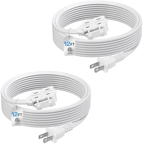 BN-LINK 2 Pack 12ft Indoor Extension Cord, 3 Outlet, 16/2 SPT-2, White, 2-Prong Polarized Plug, Household Power Cord for Home, Office & Holiday Decorations by BN-LINK