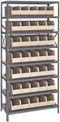 Quantum 1875-461IV Heavy Duty Shelving Unit with (8) Shelves and (35) SSB461 Ivory Bins for Industrial Warehouse Storage Distribution | 400 lbs Capacity | 18"D x 36"L x 75"H, Galvanized Carbon Steel by QuantumStorageSystems