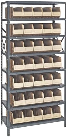 Quantum 1875-461IV Heavy Duty Shelving Unit with (8) Shelves and (35) SSB461 Ivory Bins for Industrial Warehouse Storage Distribution | 400 lbs Capacity | 18"D x 36"L x 75"H, Galvanized Carbon Steel by QuantumStorageSystems