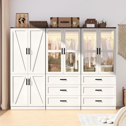 75" Tall Farmhouse 6 Doors Armoire Wardrobe Closet with 3 Drawers and LED,Freestanding Closet Wardrobe Cabinet for Bedroom with Hanging Rod,Wooden Armoire Storage Cabinet(Rustic Off White 6 Doors 2) - Image 4