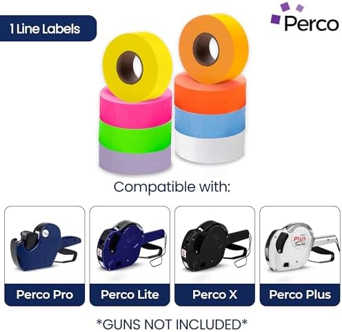 Perco 1 Line Multicolored Sleeve— 8,000 Labels for Perco Lite, X, Plus & Pro Guns—Includes White, Yellow, Blue, Lavender & Fluorescent Colors (Red, Green, Pink, Orange)— 8 Rolls, 1 Sleeve—Made in USA - Image 2