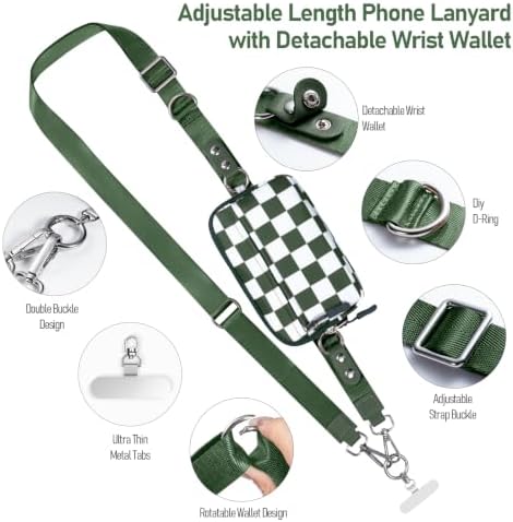 Tiostep Clip and Go Strap for Phone with Wallet Crossbody Phone Lanyard Adjustable and Detachable RFID Wristlet Wallet (Checkered Green, Large) - Image 3