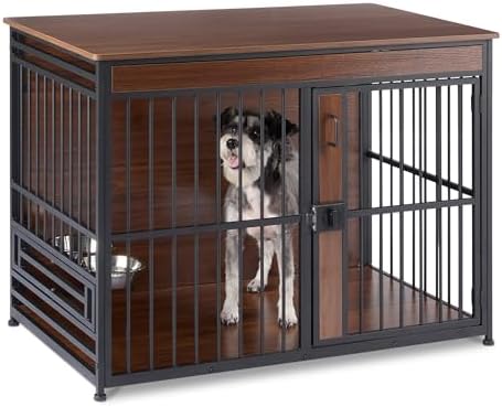 Amazon Basics Furniture Style Dog Crate, Sturdy Wooden Pet Kennel, Two Bowls Included, 41" x 23.6" x 29.5", Walnut by AmazonBasics