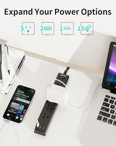 15FT Surge Protector Power Strip, 1700J, 5AC&1A2C, Flat Plug Extension Cord - Image 3