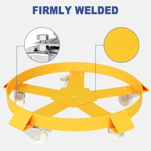 55 Gallon Drum Dolly, 1250 Lbs Heavy Duty Barrel Dolly Cart with Steel Frame, 5 Swivel Casters & 2 Locking Wheels, 1 Pack, Yellow - Image 3
