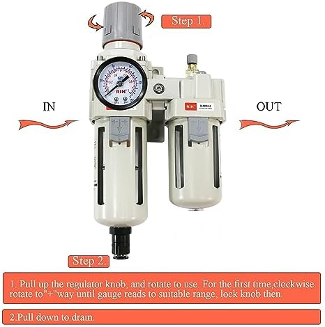 RIH Pneumatics Compressed Air Filter Regulator Lubricator Combo Water/Oil Trap Separator - Gauge(0-150 psi), Semi-Auto Drain, Poly Bowl,Bracket - 3 in 1 Two Unit (1/2“ NPT Auto Drain) - Image 5