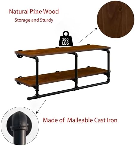 Wall Mounted Clothes Rack 12 Inch Deep, 42 Inch Heavy Duty Garment Rack with Real Walnut Wood Shelf, Multi-Purpose Hanging Rod & Space-Saving Closet Storage Organizer - Image 7