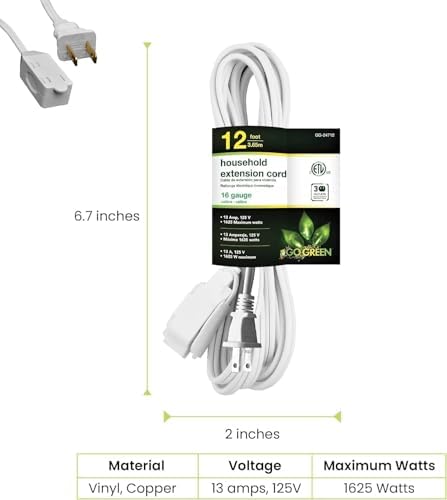 GoGreen Power Inc. (G-24712-5) 16/2 12' Household Extension Cord, 3 Outlets, White, 12ft, 5 Pack - Image 2