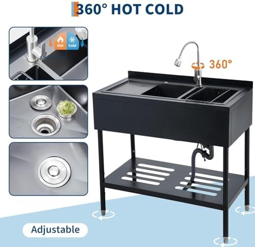 GarveeTech 47.2" Stainless Steel Commercial Utility Sink with Double Bowls & Drainboard, Freestanding Laundry Wash Station with Hot/Cold Faucet, Shelf & Drain Kit for Garage Outdoor Kitchen - Image 3