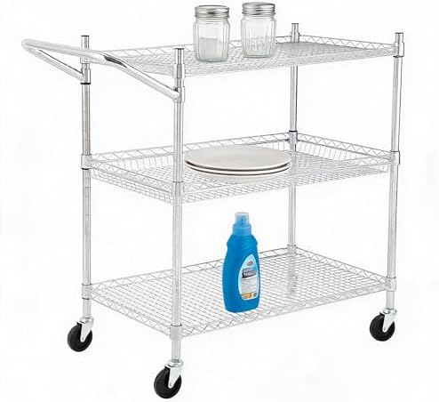 3-Tier Rolling Utility Cart 500 Lbs Capacity Rolling Carts, Wire Rolling Cart with Handle Bar Commercial Rolling Storage Trolley Utility Shelf Plant Display Shelf Food Cart, Low Handle by Unknown