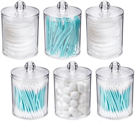 WEISHI 6 Pack Qtip Holder Dispenser -Cotton Ball, Swab, Round Pads, Floss , Small Clear Plastic Apothecary Jar Containers with Lids for Bathroom Storage and Organization, Vanity Organizer by WEISHI
