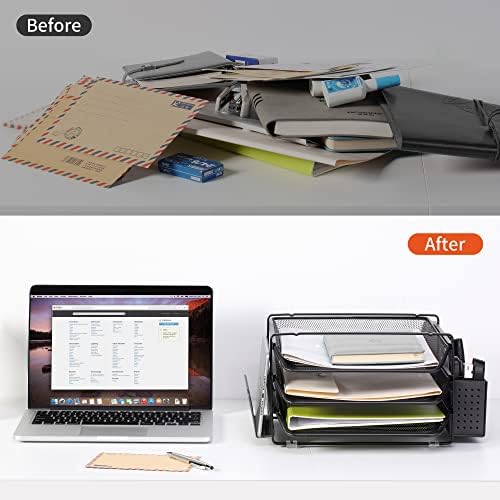 DESIGNA Stackable Mesh Desk Organizer with 3 Sliding Letter Tray Drawers, 4 File Holders Sorter Section, 2 Side Compartments, Pencil Holder Non-slip All In One Desktop Organizers Office Storage, Black - Image 6