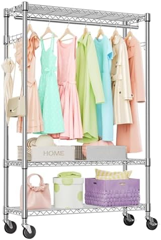 IZEUK Heavy Duty Rolling Garment Rack Wire Clothes Rack for Hanging Clothes (Chrome, 3 Tier with 2 Rod, 15.7" D x 45.3" W x 75.6" H) by IZEUK
