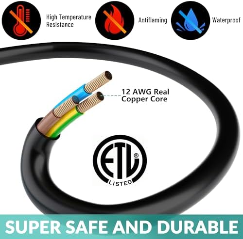 Outdoor Extension Cord 100 Ft with 3 Outlets, 12/3 SJTW 3 Prong Grounded Power Cord, 12 Gauge 12AWG Heavy Duty Power Cable, ETL Listed, 15 Amp 125 V 1875 W-Multiple Outlets for Indoor/Outdoor-Black - Image 3