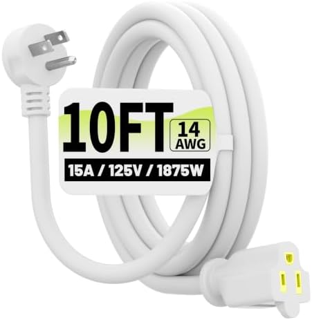 Vockjour 10 FT 14 Gauge Low Profile Flat Plug Extension Cord White by Vockjour
