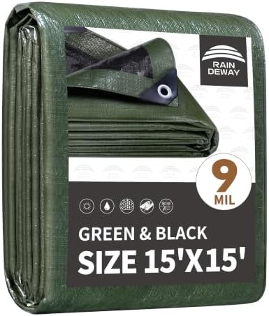 RAINDEWAY 15x15 Feet Tarp Waterproof,9Mil Green/Black Poly Tarps Cover by RAINDEWAY