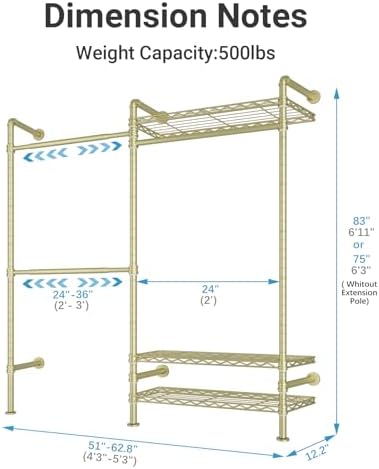 Timate F2 Industrial Pipe Clothes Rack Wall Mounted Clothing Rack for Hanging Clothes, Expandable Garment Rack Heavy Duty Wardrobe Closet Organizer and Storage, Adjustable Industrial Closet Kit, Gold - Image 4