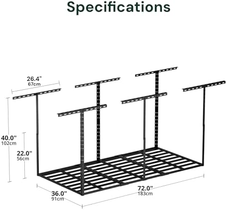 SunsGrove 3x6 Garage Storage Overhead Rack Organization, Adjustable Ceiling Mounted Storage Racks, 800LBS Weight Capacity, 22"-40" Ceiling Dropdown, 2 Pcs, Hammertone Black - Image 3