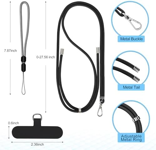 takyu Cell Phone Lanyard, Crossbody Phone Lanyard Adjustable Neck Strap and 2 Pack Phone Wrist Strap with Phone Tether Patches for Most Smartphones-2Black+Grey - Image 3