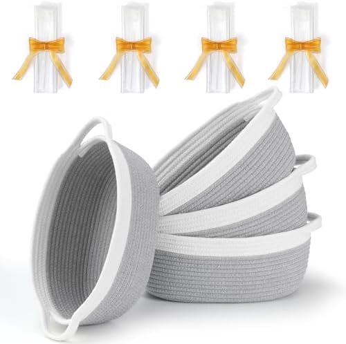 4 Pack Small Woven Basket with Handles, Cotton Rope Room Shelf Storage Basket, Cute Baby Gift Basket for Nursery, Bedroom - Cat Dog Toys Basket, Empty Decorative Gift Chest Box, All 12"x 8"x 5",Grey by MakeLifeBetterEasier