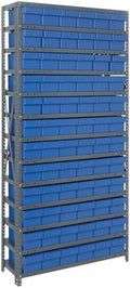 Quantum 2475-603BL Heavy Duty Shelving Unit with (13) Shelves and (72) QED603 Blue Bins for Industrial Warehouse Storage Distribution | 400 lbs Capacity | 24"D x 36"L x 75"H, Galvanized Carbon Steel by QuantumStorageSystems