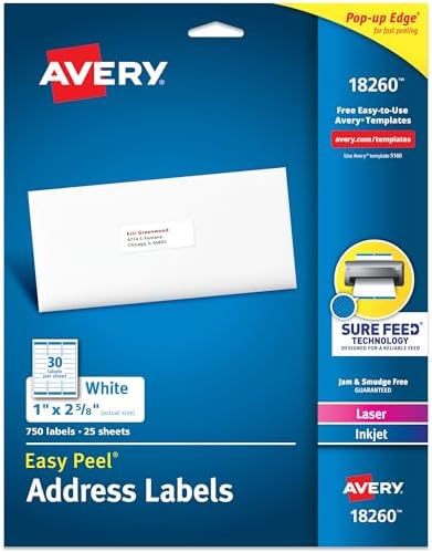 Avery® Easy Peel® Printable Address Labels, Sure Feed® Technology, 1" x 2-5/8" Customizable Stickers, White, 750 Blank Mailing Labels, Great for Mailing, Shipping, and More (18260) by Avery