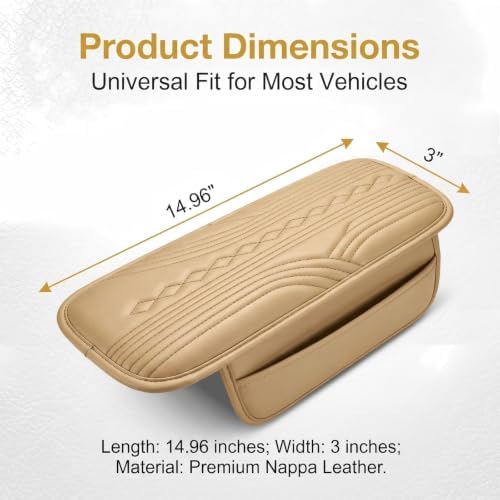 Multifunctional Car Center Console Cover Pad, 12.60"L x 3.15"W Leather Car Armrest Box Pad, Auto Armrest Cushion with 2 Storage Bags, Universal for Most Cars (Beige) - Image 2