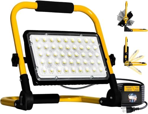 10000LM LED Work Light, 100W 6500K Portable Work Light with Stand, IP66 Waterproof Flood Light with 13.1FT Cord, Construction Lighting for Job Site Repairing Workshop Garage, Gifts for Men by CREATESTAR