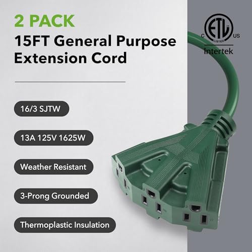 BN-LINK 2-Pack 15Ft Outdoor Extension Cord with 3 Outlets 16/3 SJTW Power Cord, 3-Prong Grounded Plug, for Landscaping & Holiday Decorations, ETL Listed - Image 2
