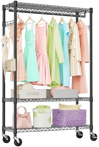 IZEUK Heavy Duty Rolling Garment Rack Wire Clothes Rack for Hanging Clothes (Black, 3 Tier with 1 Rod, 15.7" D x 45.3" W x 75.6" H) by IZEUK