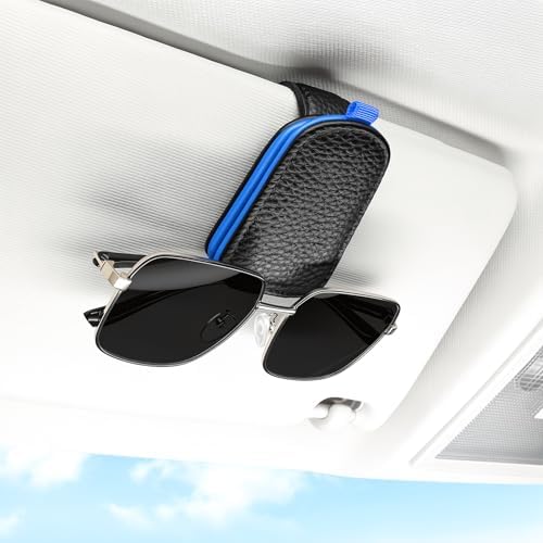 SINGARO Sunglasses Holder for Car, Leather Magnetic Buckle Sun Visor Sunglass Clip, Ticket Card Storage Glasses Clip, Car Interior Accessories for Men and Women（Black-Blue） by SINGARO