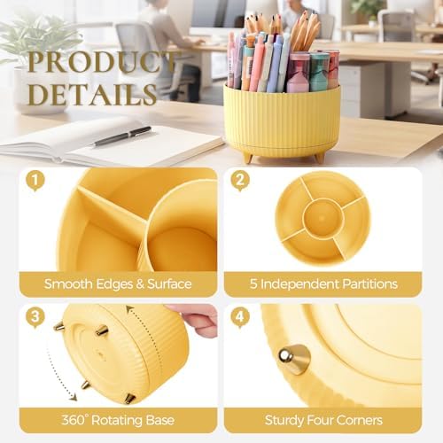 KONVINIT Pencil Pen Holder for Desk, 5 Slots 360-Degree Rotating Desktop Organizer, Cute Desk Organizers and Accessories for School, Home, Office and Art Supply, Yellow - Image 4