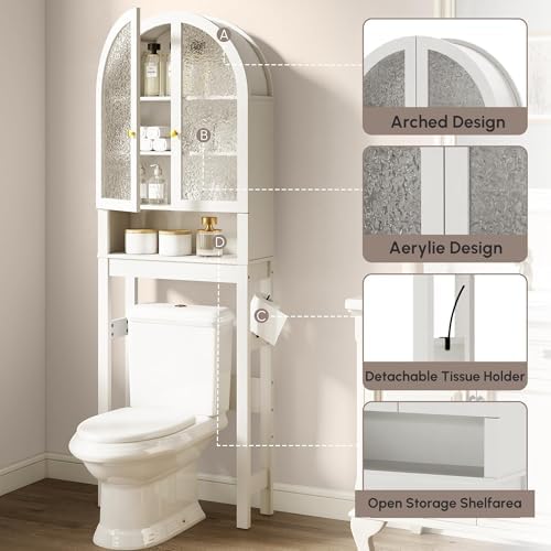 HMstone Over The Toilet Storage Cabinet, Arched Bathroom Organizer and Storage with Acrylic Doors and Adjustable Shelf, Space-Saving Freestanding Bathroom Modern Storage Cabinet Over Toilet, White - Image 6
