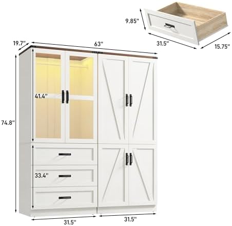 75" Tall Farmhouse 4 Doors Armoire Wardrobe Closet with 3 Drawers and LED,Freestanding Closet Wardrobe Cabinet for Bedroom with Hanging Rod,Wooden Armoire Storage Cabinet Adjustable(Rustic Off White) - Image 2