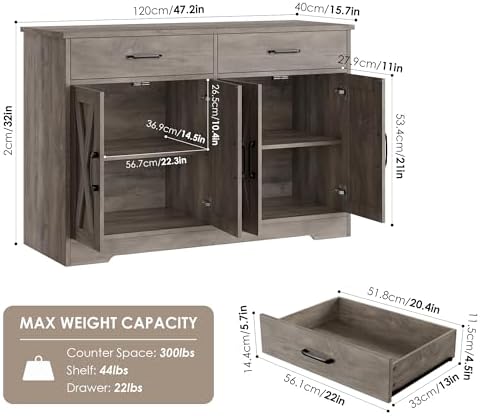 HOSTACK 47" W Kitchen Sideboard Buffet Cabinet with Storage Drawers, Grey - Image 3