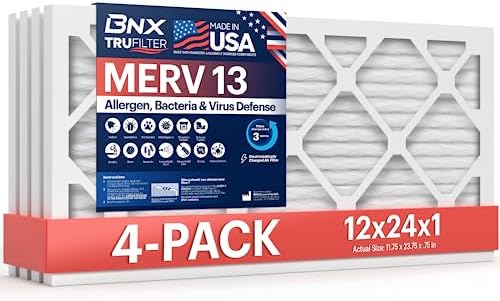 BNX TruFilter 12x24x1 Air Filter MERV 13 (4-Pack) - MADE IN USA - Electrostatic Pleated Air Conditioner HVAC AC Furnace Filters for Allergies, Pollen, Mold, Bacteria, Smoke, Allergen, MPR 1900 FPR 10 by BNX