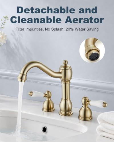 Aolemi Widespread Bathroom Sink Faucet 3 Hole White Lever Brushed Gold - Image 2