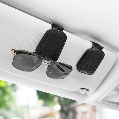 SINGARO 2PCS Sunglasses Holder for Car, Leather Magnetic Buckle Sun Visor Sunglass Clip, Ticket Card Storage Glasses Clip, Car Interior Accessories for Men and Women（Black） - Image 2