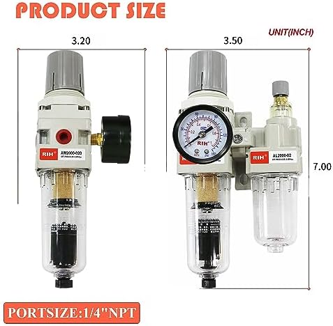 RIH Pneumatics Compressed Air Filter Regulator Lubricator Combo Water/Oil Trap Separator - Gauge(0-150 psi), Semi-Auto Drain, Poly Bowl,Bracket - 3 in 1 Two Unit (1/4“ NPT Auto Drain) - Image 2