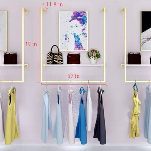 Clothing Store Square Tube Metal Display Stands, Entrance Porch Organization Hanging Garment Rack,Wall Mounted Storage Clothes Shoe Bag Pipe Shelf Bookshelf (Gold, 57" L) - Image 2