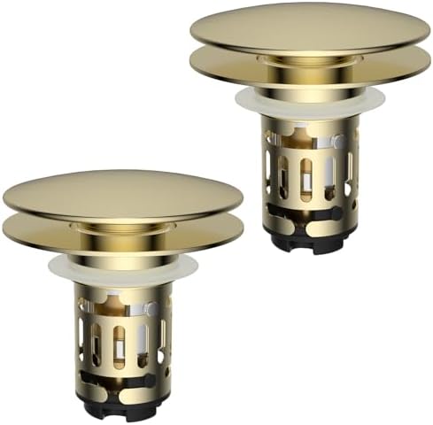 Hibbent 2 Pack Upgraded 3 in 1 Bathroom Sink Drain Strainer, Pop Up Sink Stopper with Big Cap, Anti-Clogging Metal Filter Basket,Sink Plug with Hair Catcher for 1.1''~2.36'' Basin, Brushed Gold by Hibbent