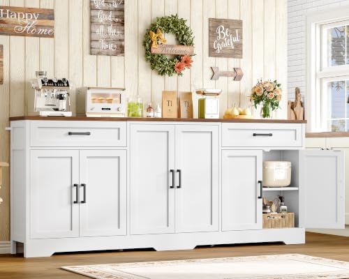 usikey 71" Buffet Cabinet with Storage, Large Sideboard Cabinet with 2 Drawers & 6 Doors, Modern Farmhouse Coffee Bar Cabinet, White - Image 2