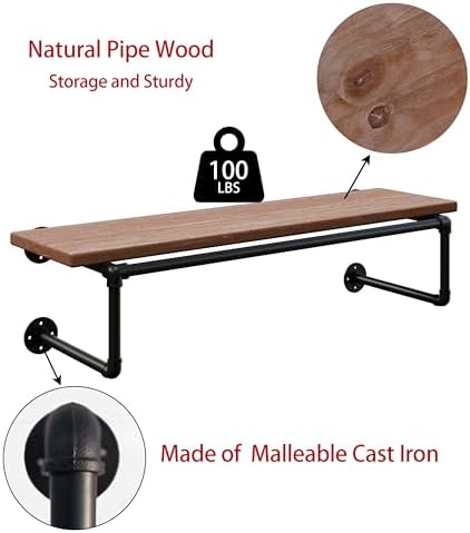 Clothes Rack 36in, Wall Mounted Garment Racks with Brown Real Wood Shelf, Heavy Duty Hanging Clothes Rack, Multi-Purpose Hanging Rod, Space-Saving Closet Storage - Image 7