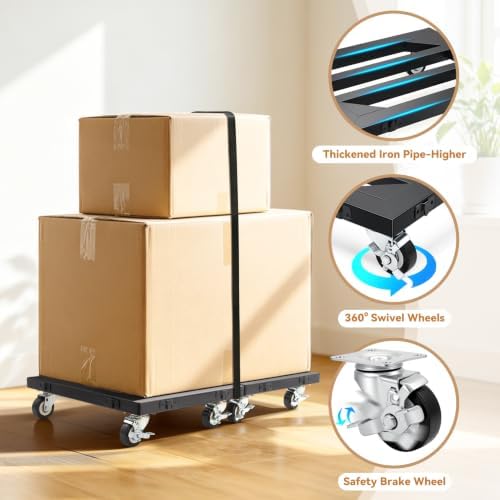 Heavy Duty Furniture Dolly 4 Wheels, 12'' X 16'' Thickened Carbon Steel Moving Dolly with Brake, 2000 LBS Capacity Furniture Movers Dollies for Moving Boxes, Appliances, Furniture(2 Pack) - Image 4