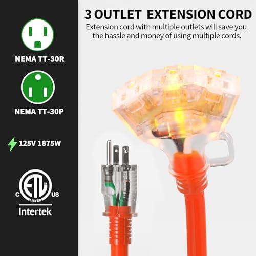POWGRN 10 FT 12/3 Gauge Orange Heavy Duty Outdoor Extension Cord - Image 2