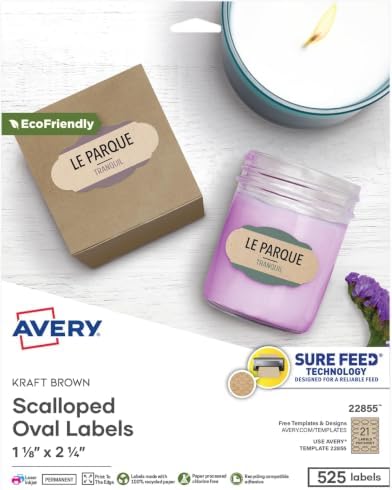 Avery® Kraft Brown Scalloped Oval Labels with Sure Feed Technology, Print to the Edge, Laser/Inkjet Printable Labels, 525 Total (22855) 1-1/8" x 2-1/4" (Pack of 5) by Avery