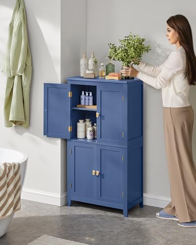 VASAGLE Bathroom Floor Storage Cabinet with 4 Doors, Bijou Blue - Image 2